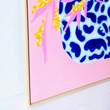 Blue Pot With Wattle On Pink