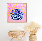 Blue Pot With Wattle On Pink