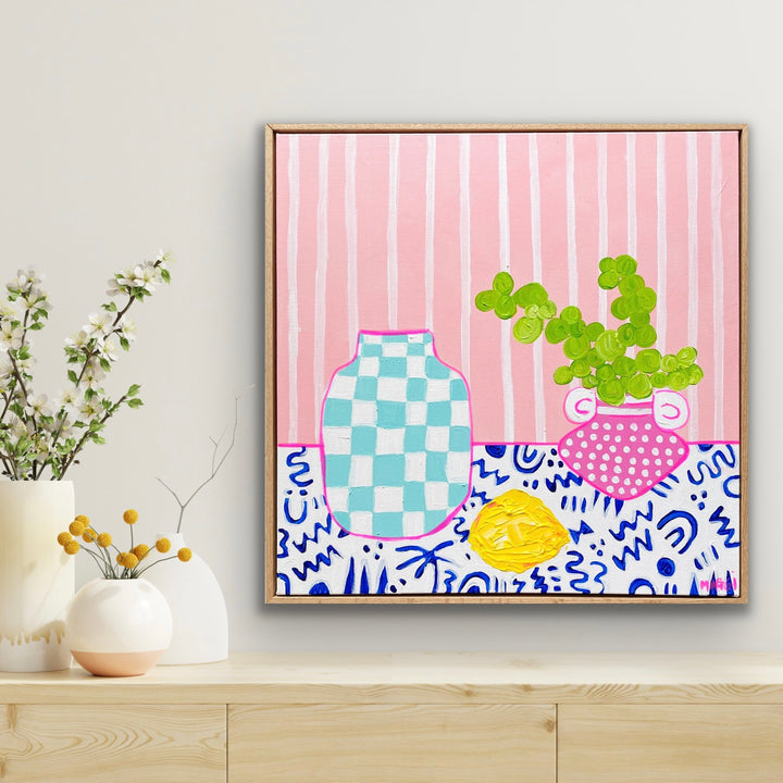 Little Pink Pot With Lemon On Blue