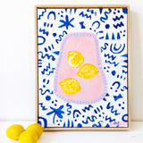 Lemons In Pink Bowl On Blue