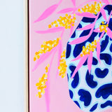 Blue Pot With Wattle On Pink