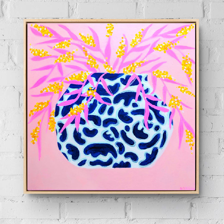 Blue Pot With Wattle On Pink