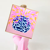 Blue Pot With Wattle On Pink