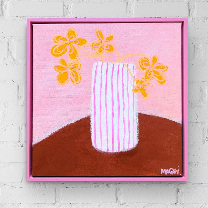 Pink Striped Vase With Yellow Flowers