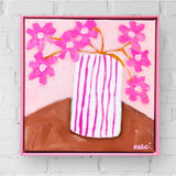 Pink Flowers In Stripey Pot
