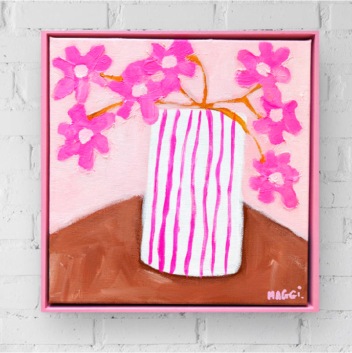 Pink Flowers In Stripey Pot
