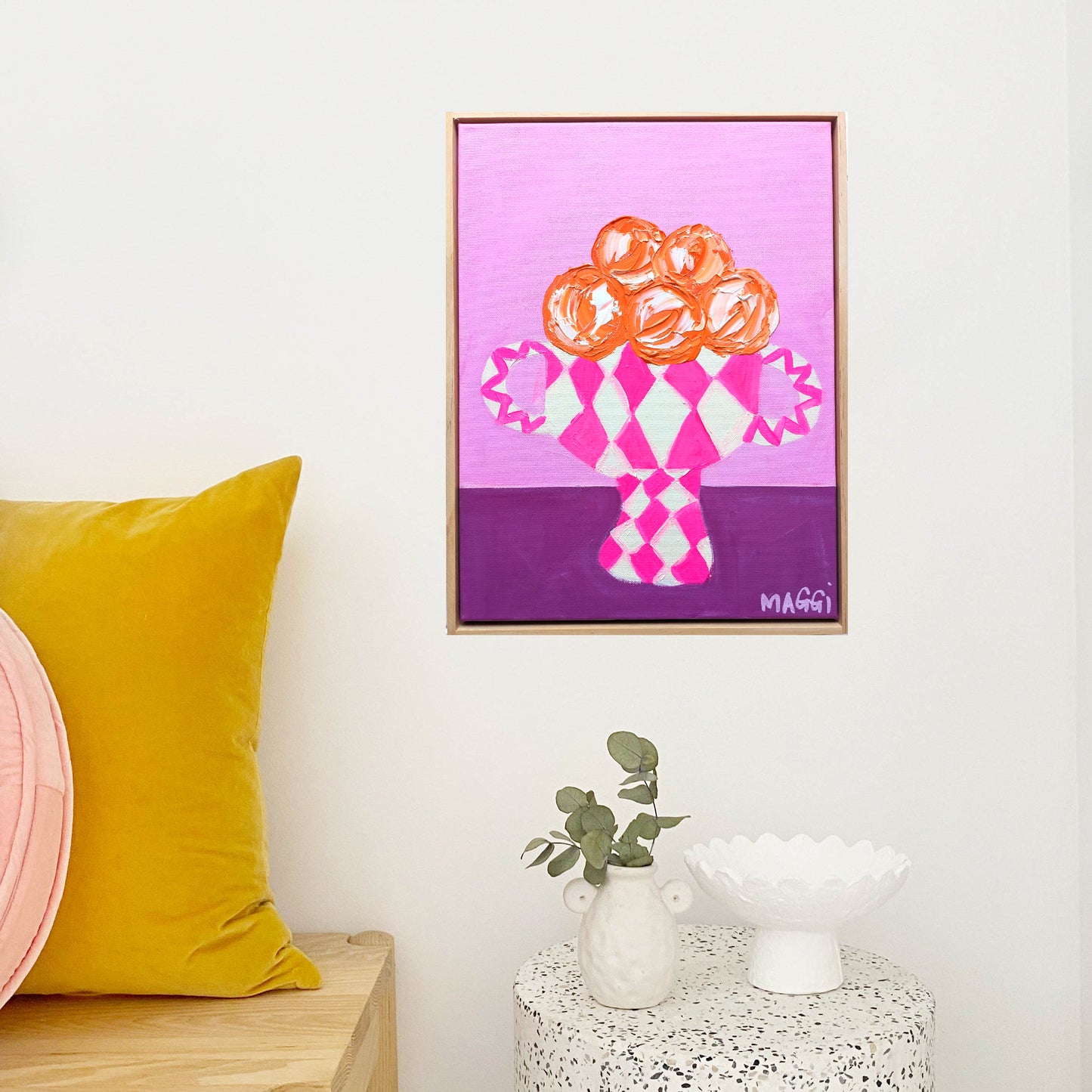 Wonky Pink Bowl With Oranges
