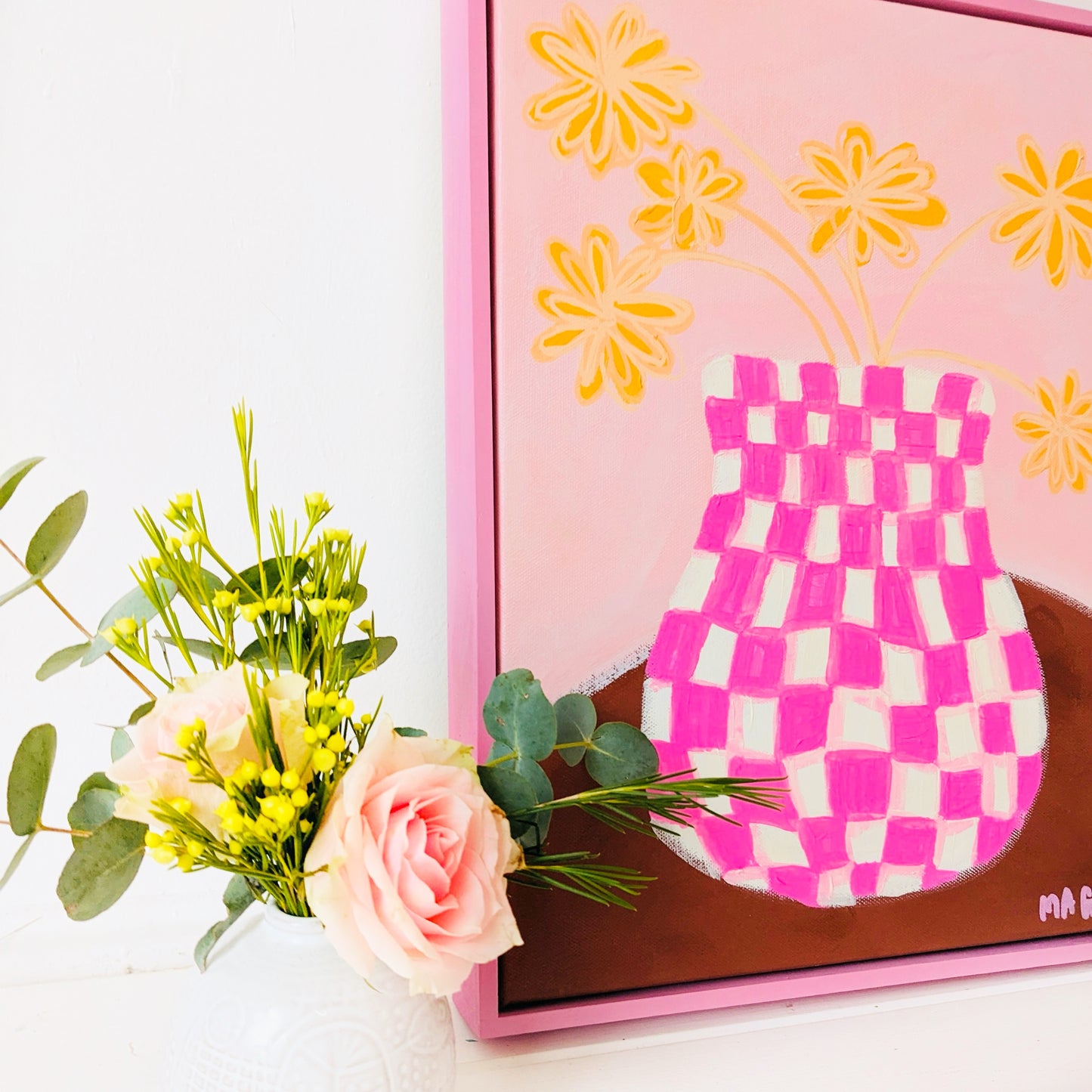 Chequered Pink Pot With Yellow Flowers
