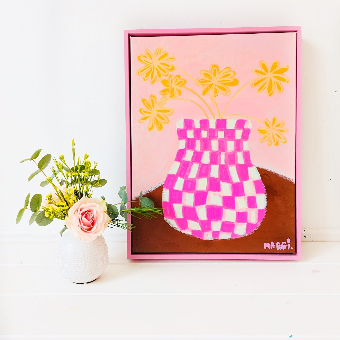 Chequered Pink Pot With Yellow Flowers