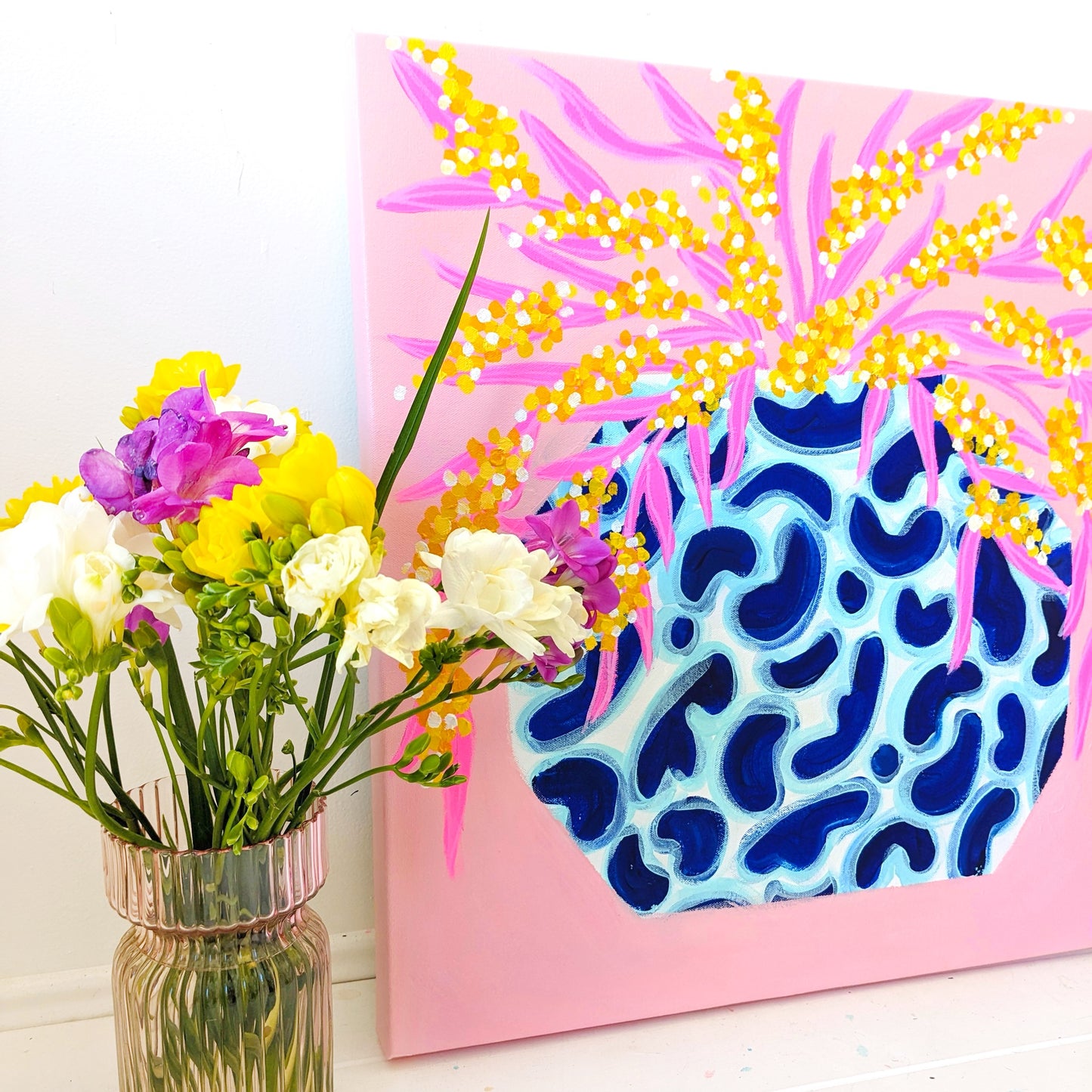 Wattle In Blues On Pink