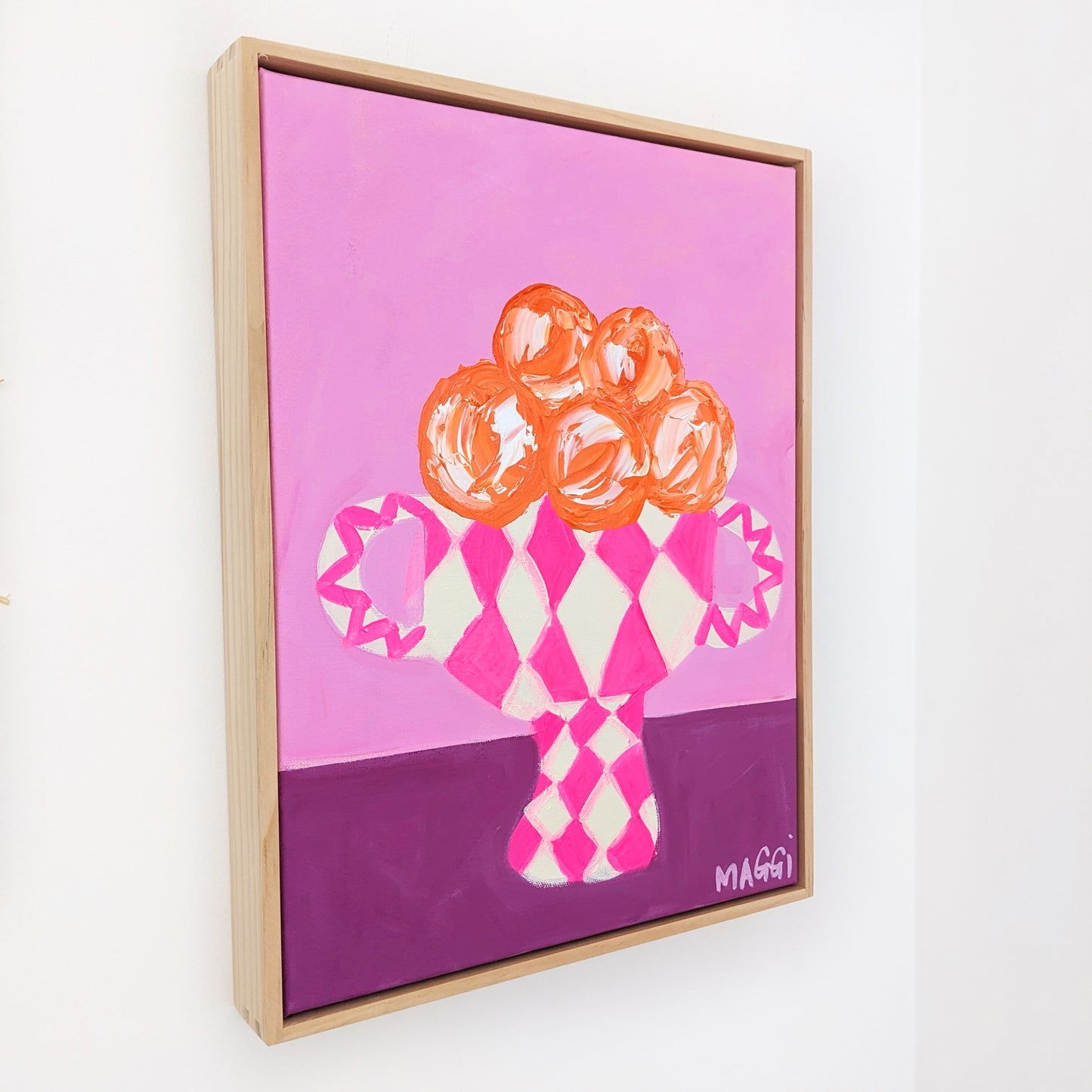Wonky Pink Bowl  With Oranges