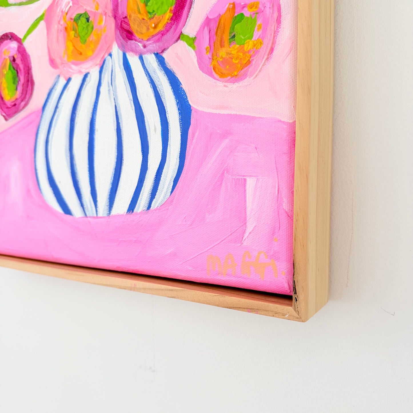 Poppies In Blue Stripes On Pink
