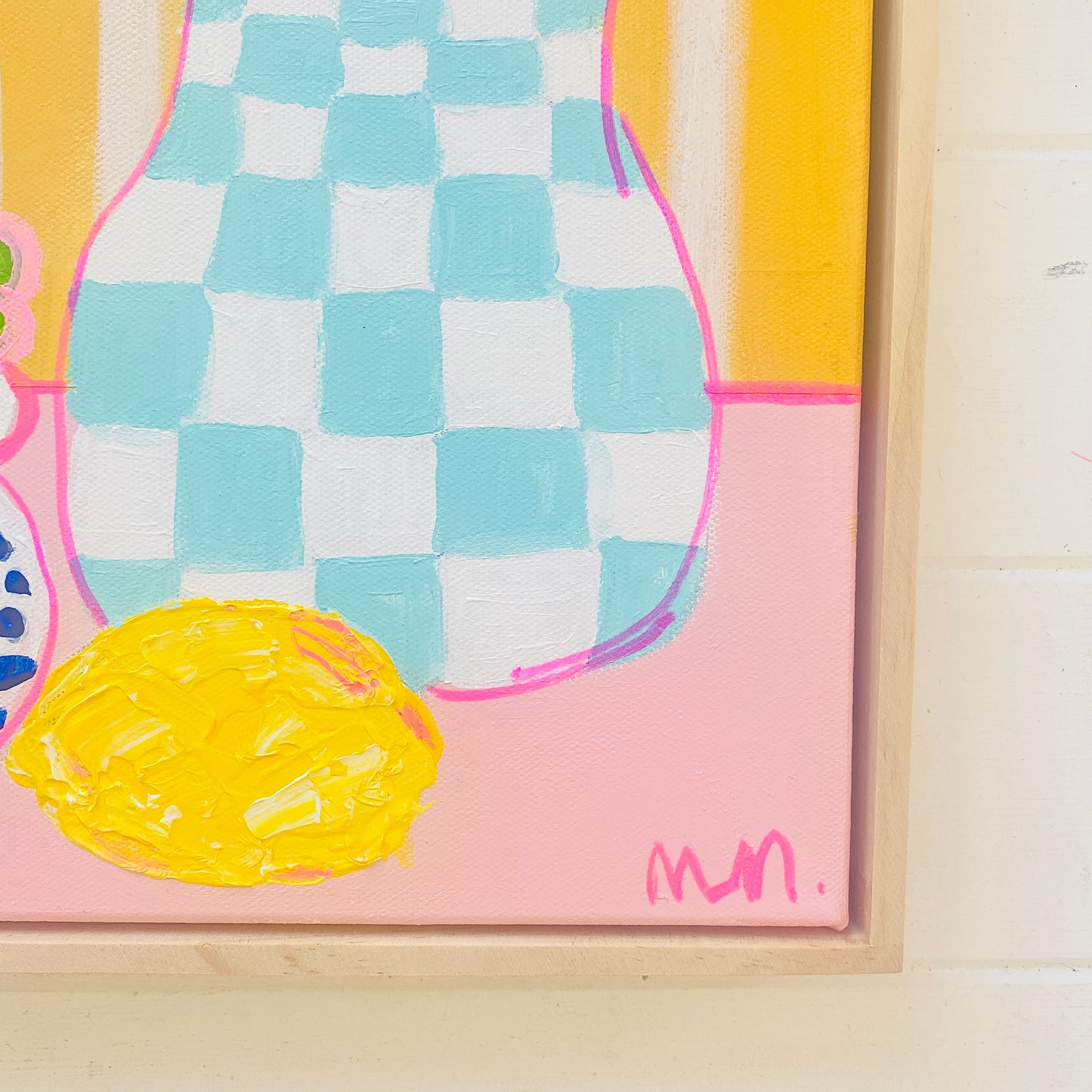 Chequered Pot On Pink With Lemon