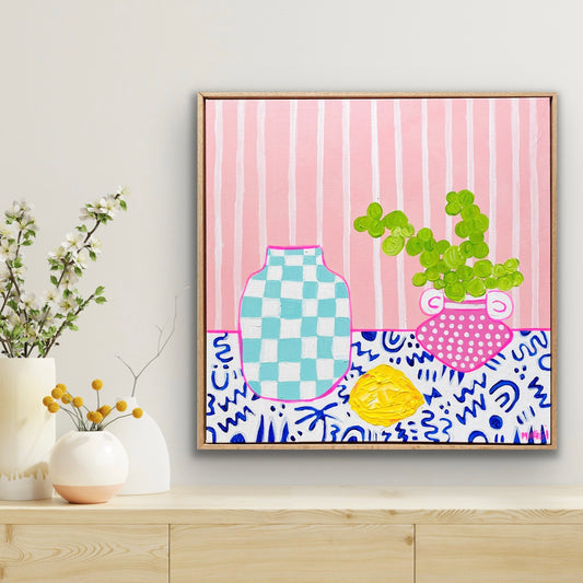 Little Pink Pot With Lemon On Blue