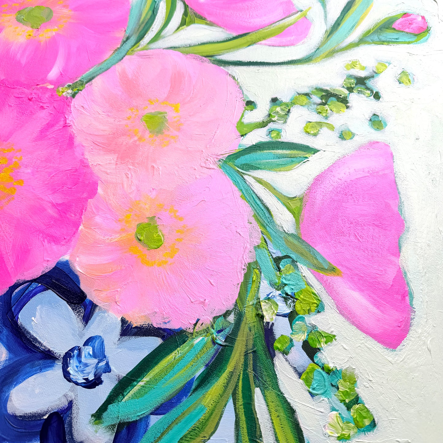Poppies In Blue Floral Pot