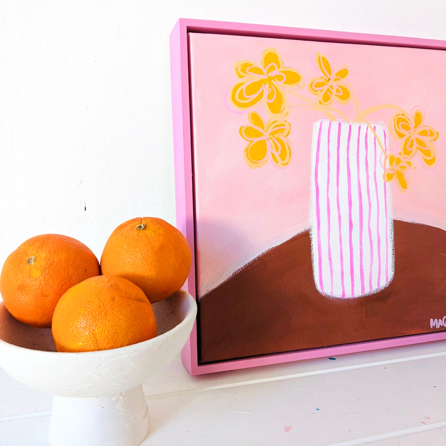 Pink Striped Vase With Yellow Flowers
