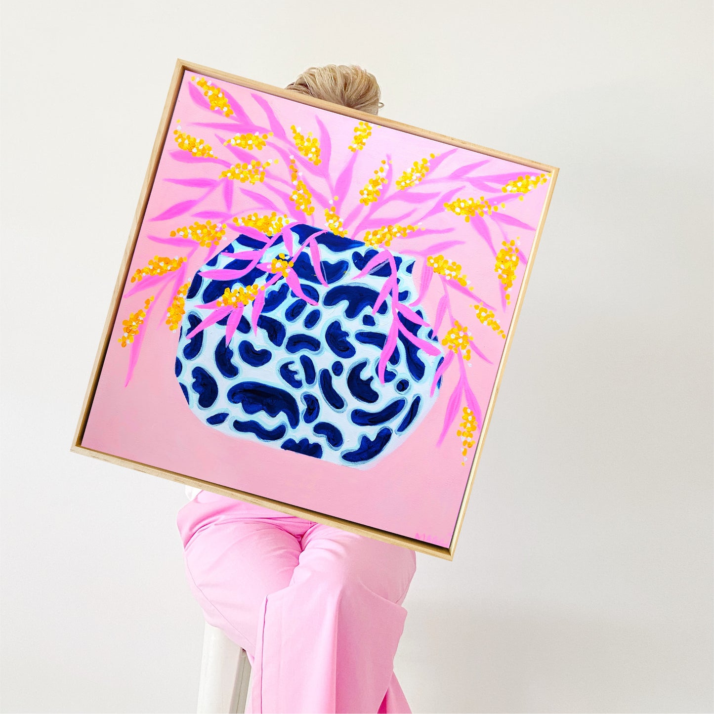 Blue Pot With Wattle On Pink