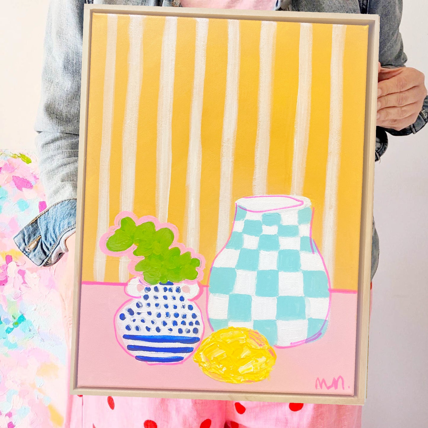 Chequered Pot On Pink With Lemon