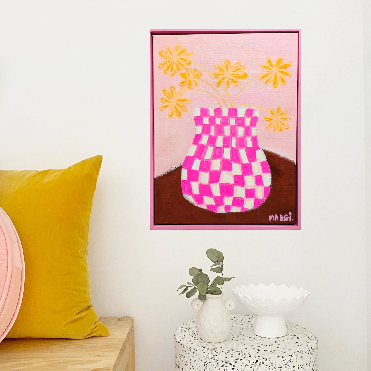 Chequered Pink Pot With Yellow Flowers