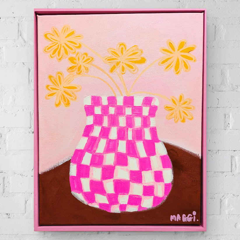 Chequered Pink Pot With Yellow Flowers