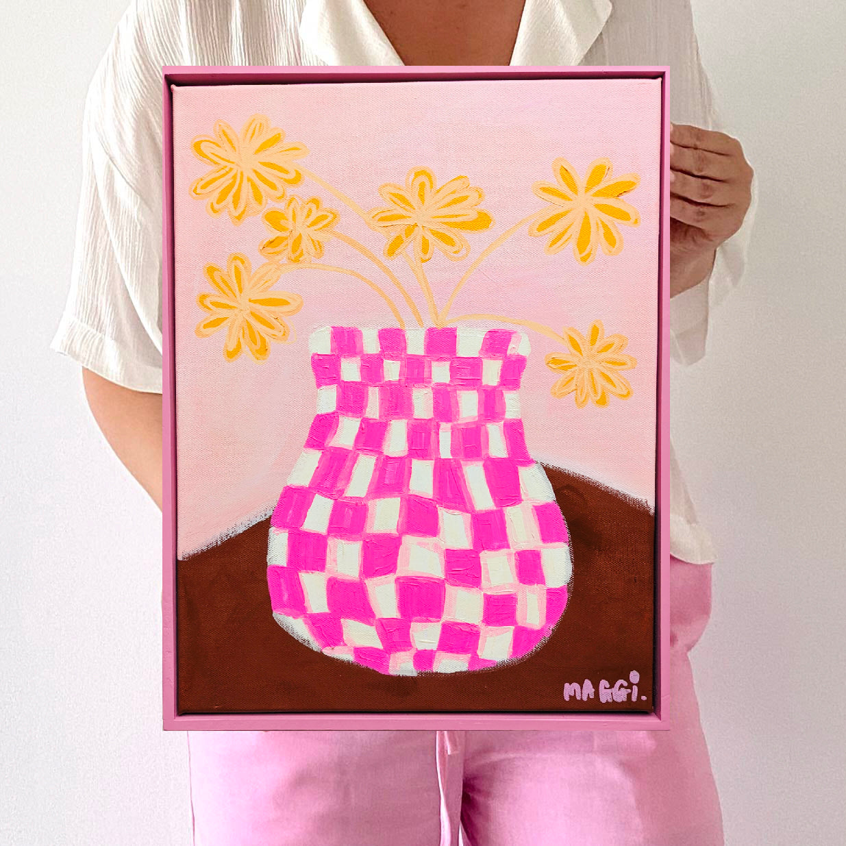 Chequered Pink Pot With Yellow Flowers