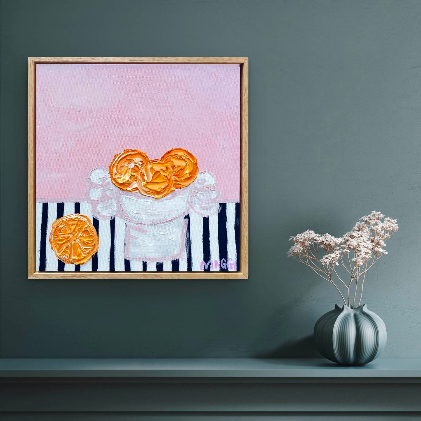 Little Bowl With Oranges On Stripes