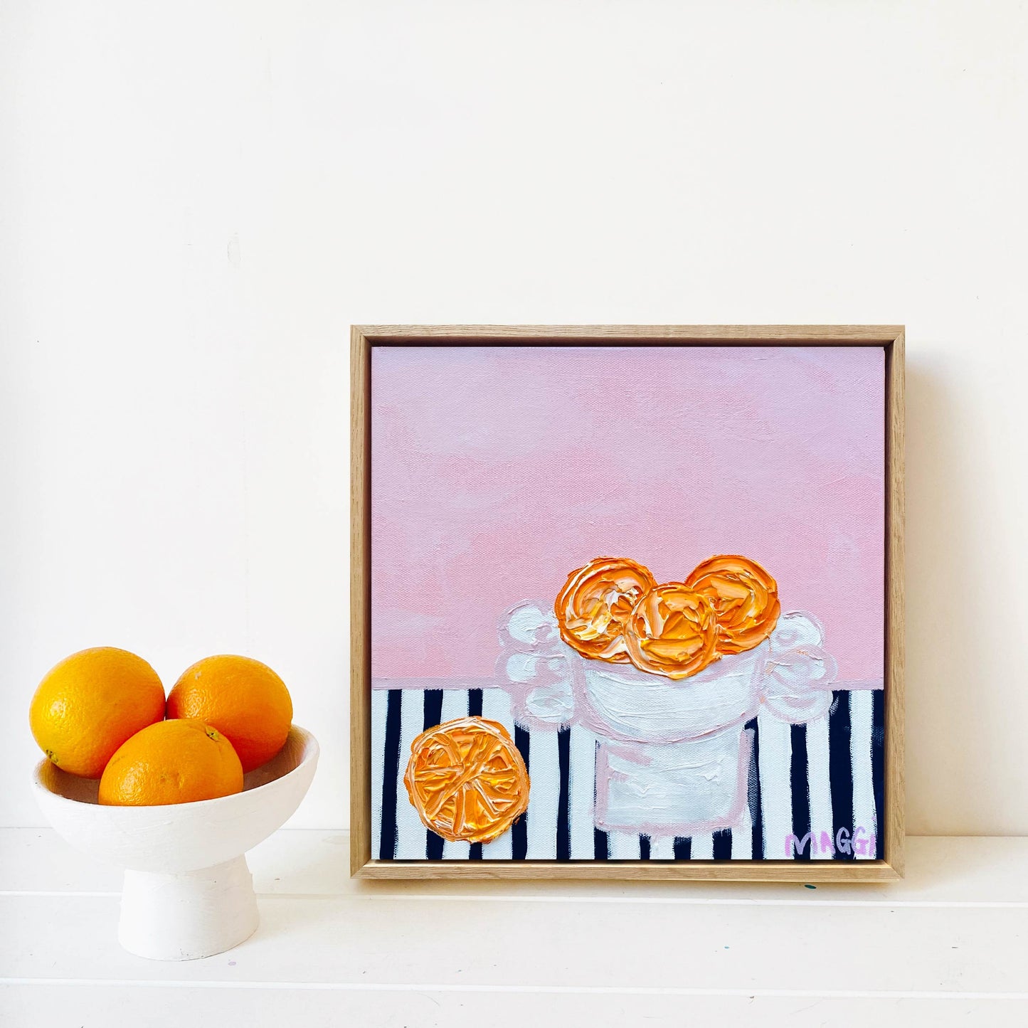 Little Bowl With Oranges On Stripes