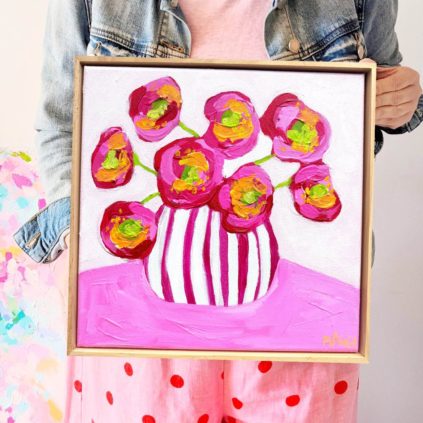 Magenta Poppies In Stripes