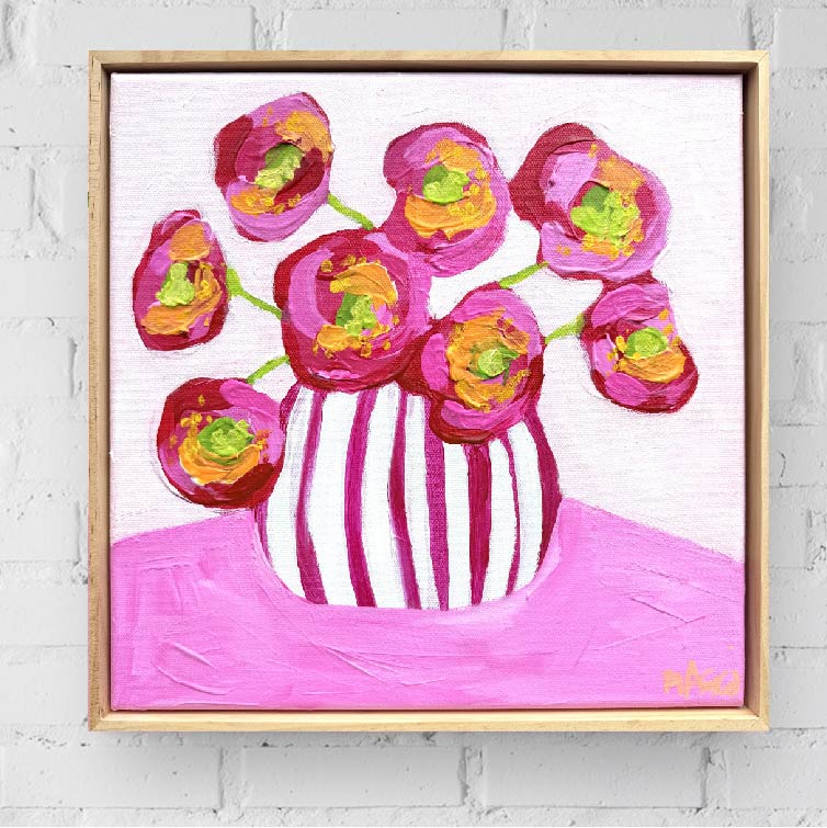 Magenta Poppies In Stripes
