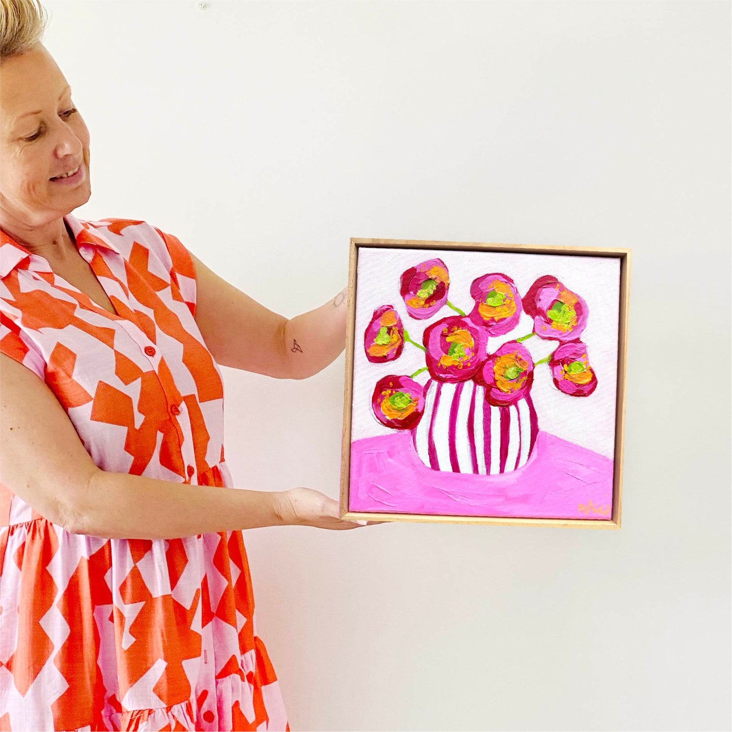 Magenta Poppies In Stripes
