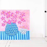 Pink Flowers in Zig Zag Pot