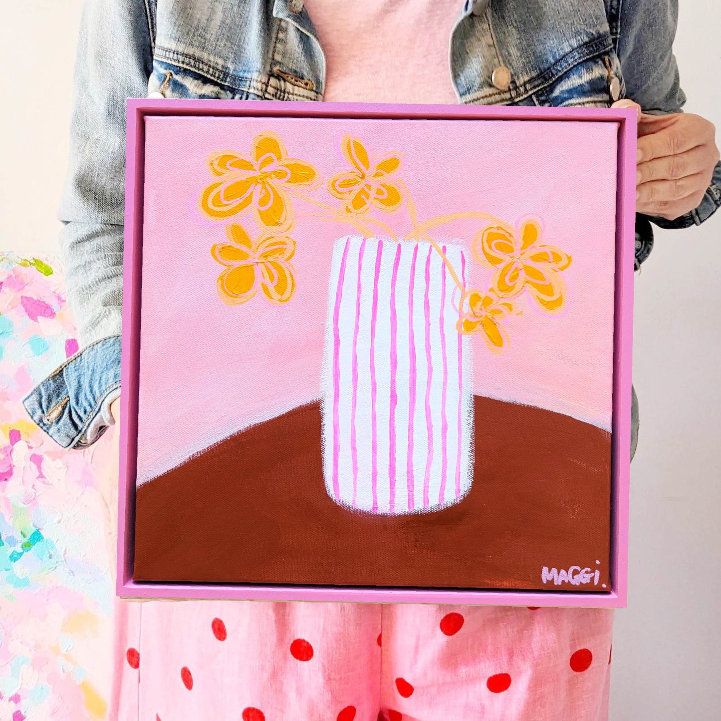 Pink Striped Vase With Yellow Flowers
