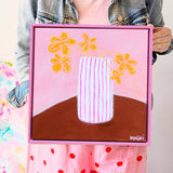 Pink Striped Vase With Yellow Flowers