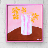 Pink Striped Vase With Yellow Flowers