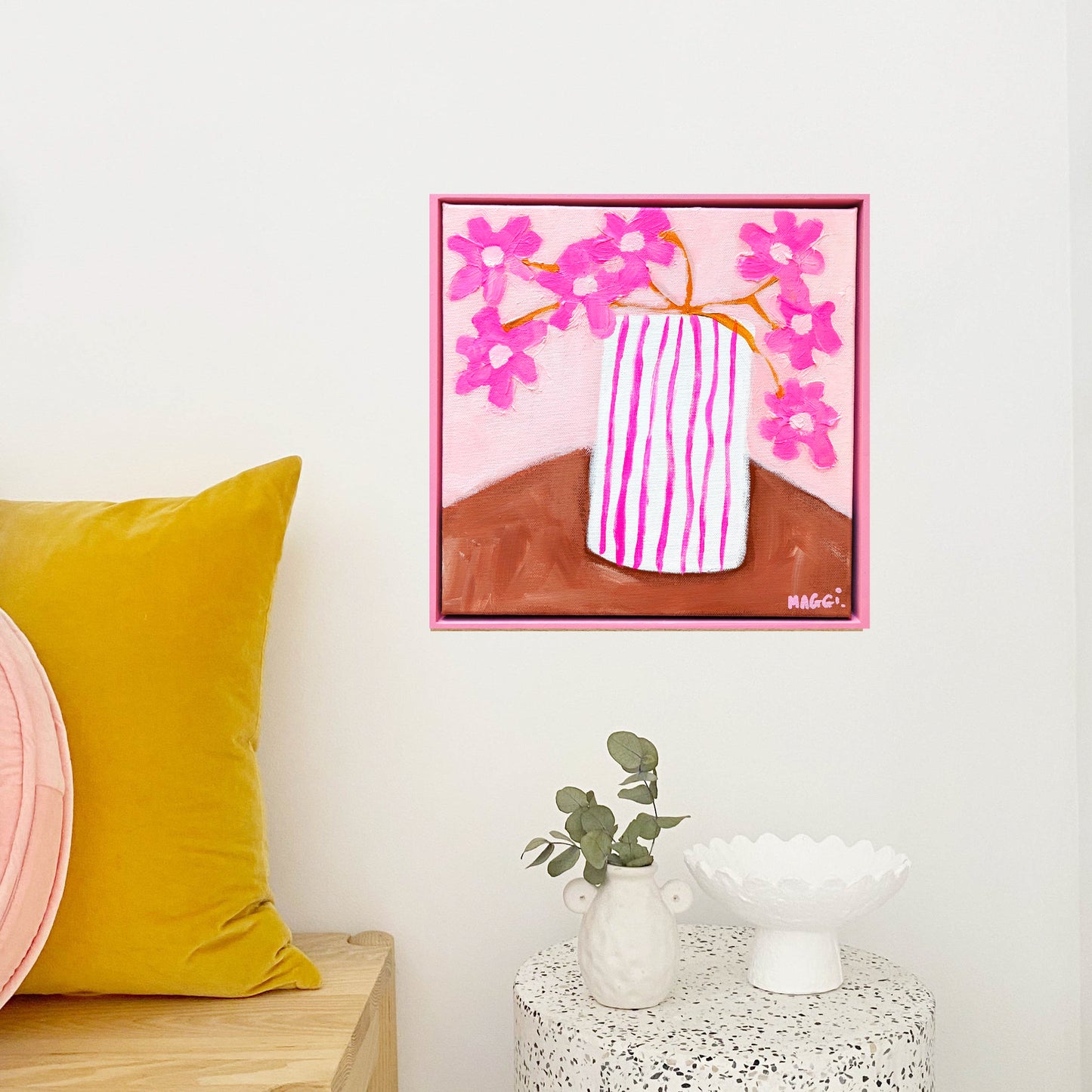 Pink Flowers In Stripey Pot