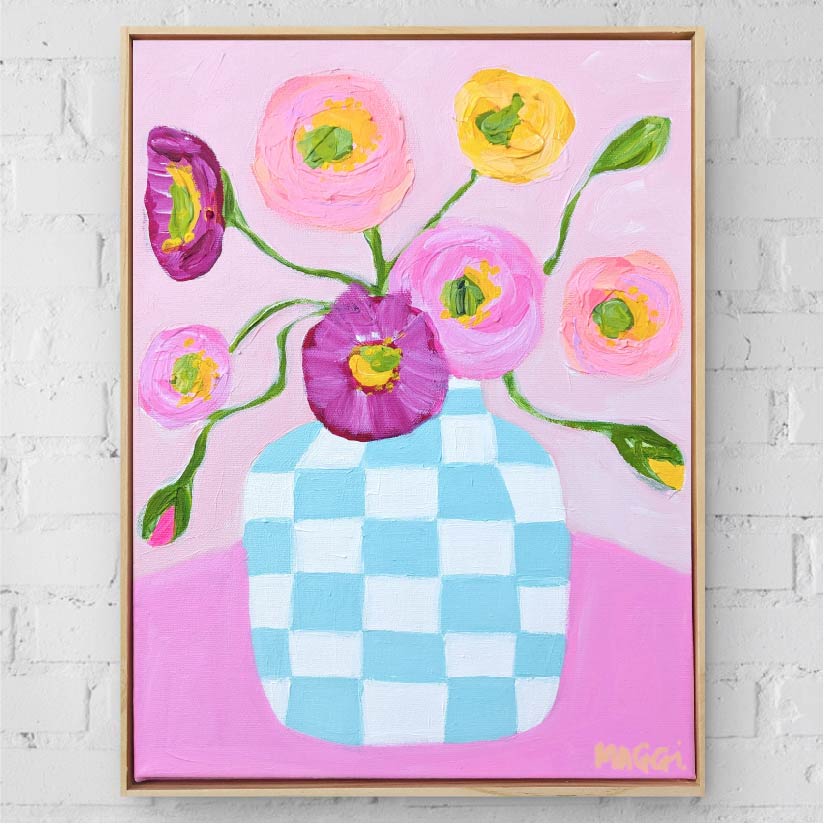 Poppies In Blue Check