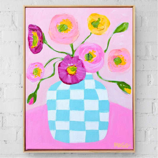 Poppies In Blue Check