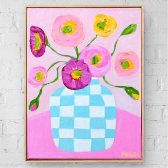 Poppies In Blue Check