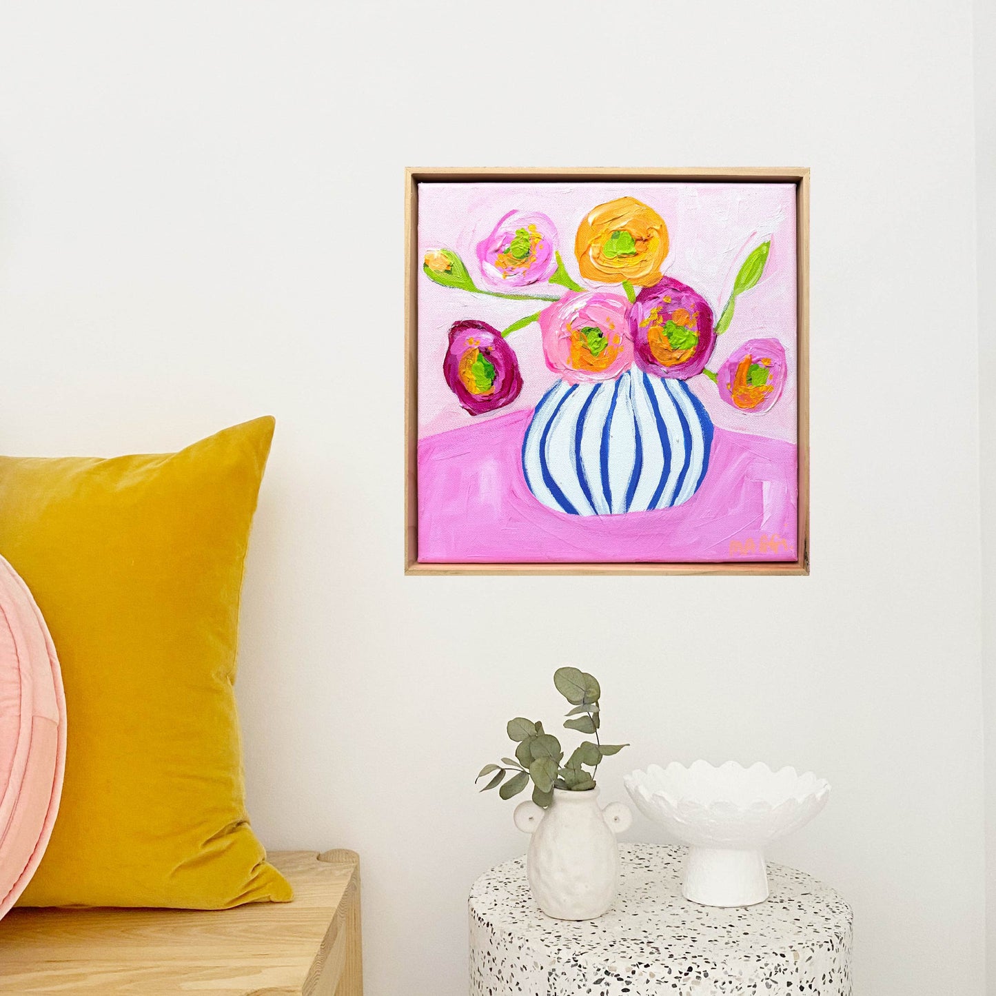 Poppies In Blue Stripes On Pink