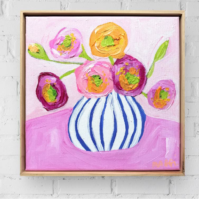 Poppies In Blue Stripes On Pink