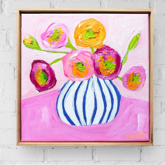 Poppies In Blue Stripes On Pink