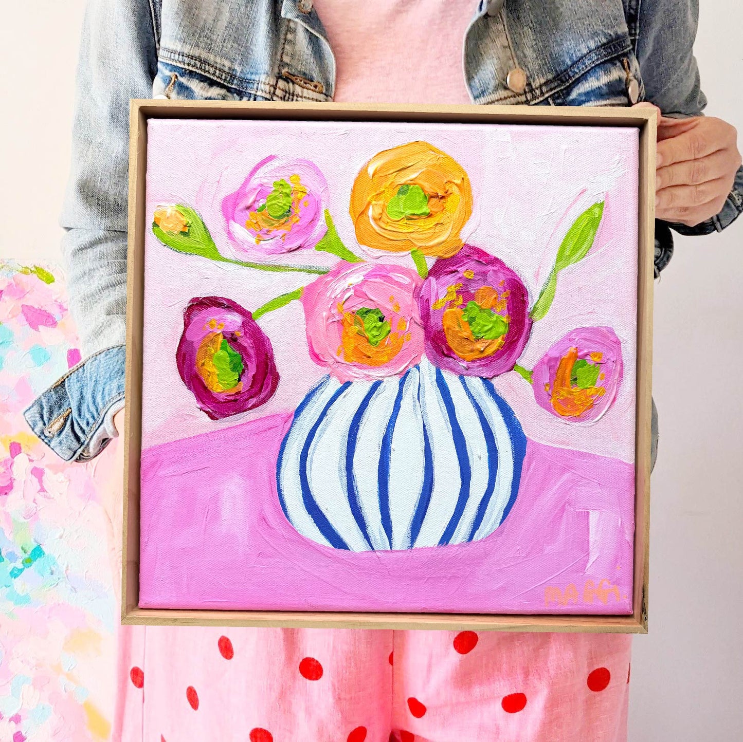 Poppies In Blue Stripes On Pink