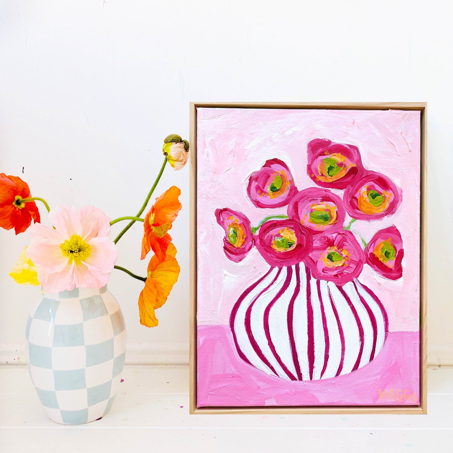 Poppies In Magenta On Pink