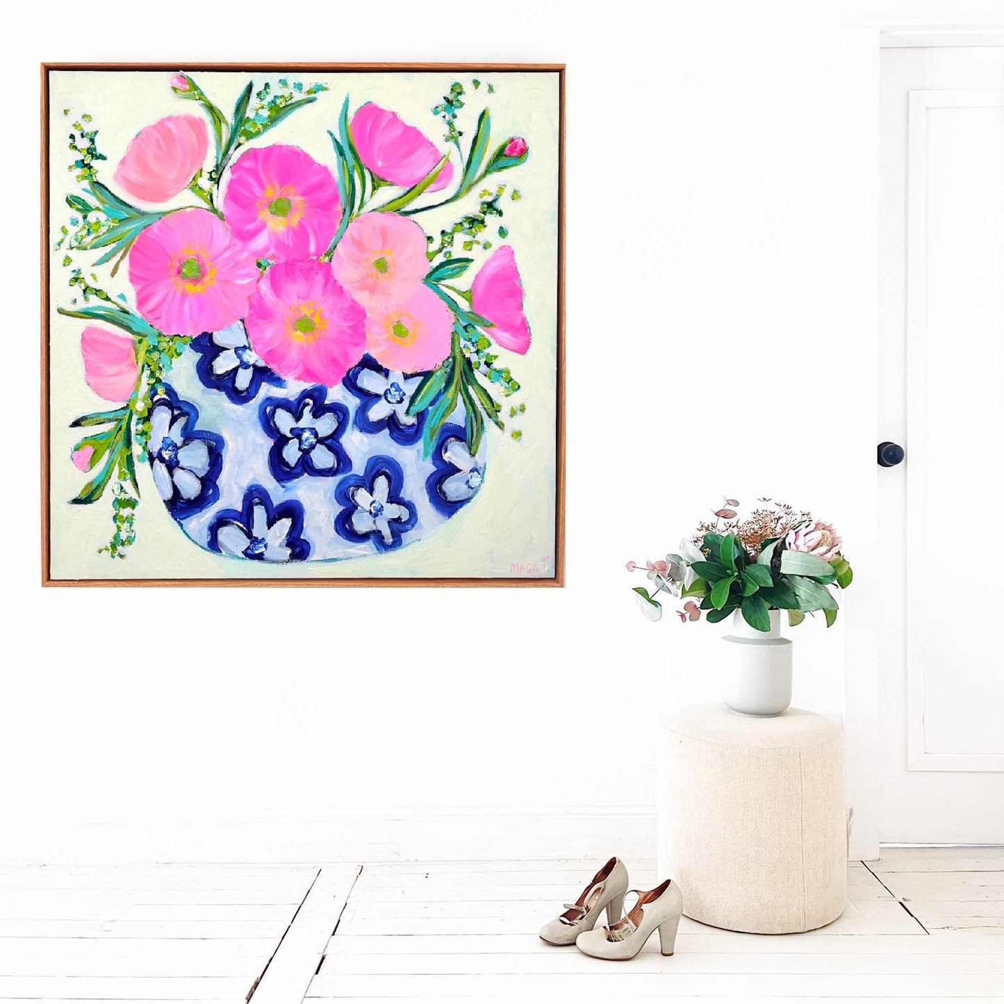 Poppies In Blue Floral Pot