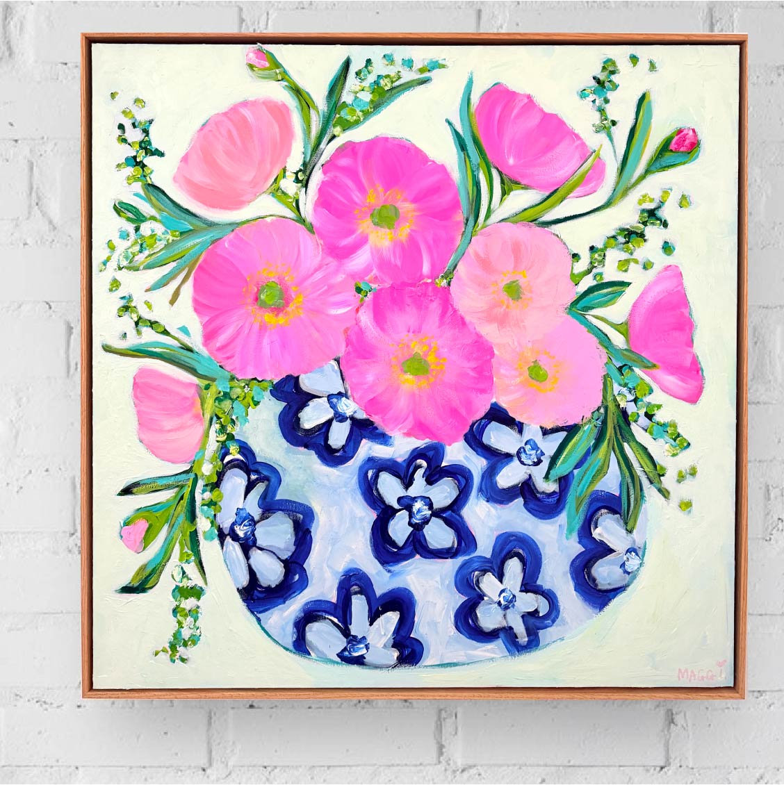 Poppies In Blue Floral Pot