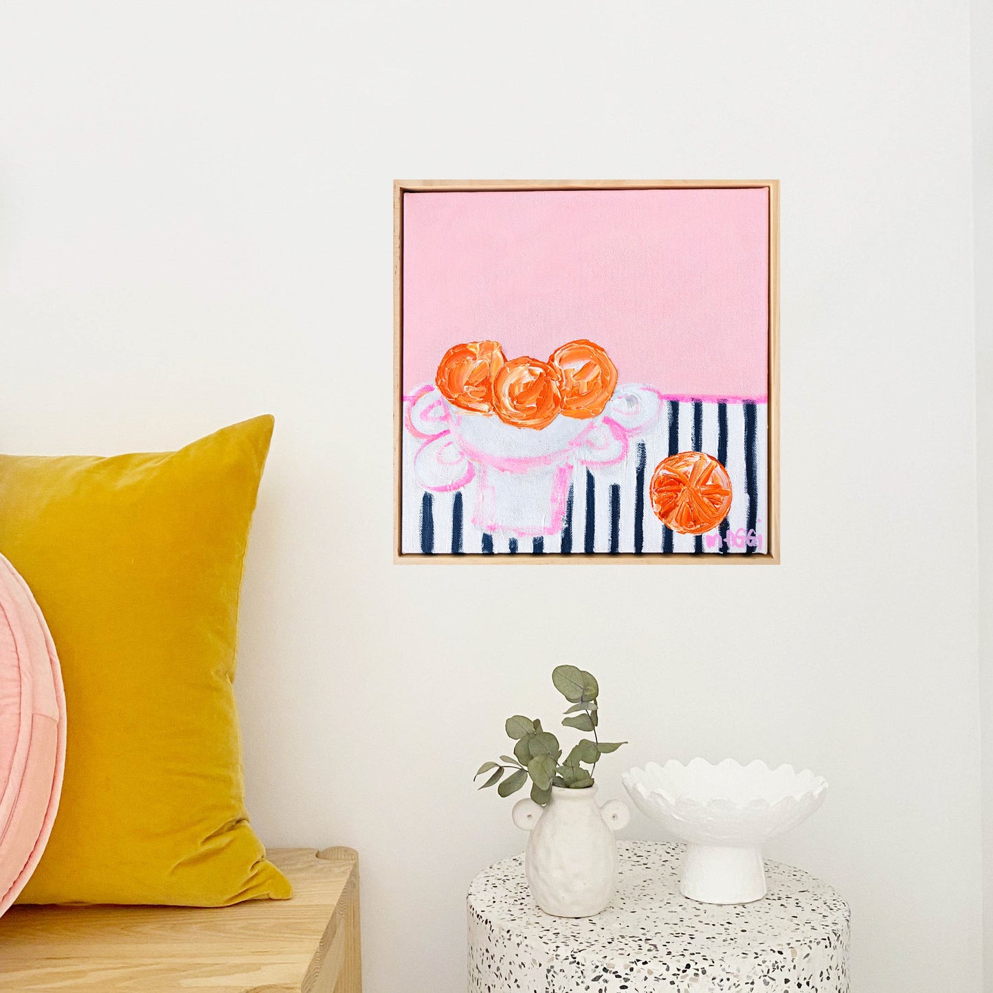 Wonky Pink Bowl With Oranges