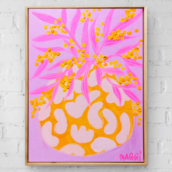 Wonky Pot With Wattle On Pink